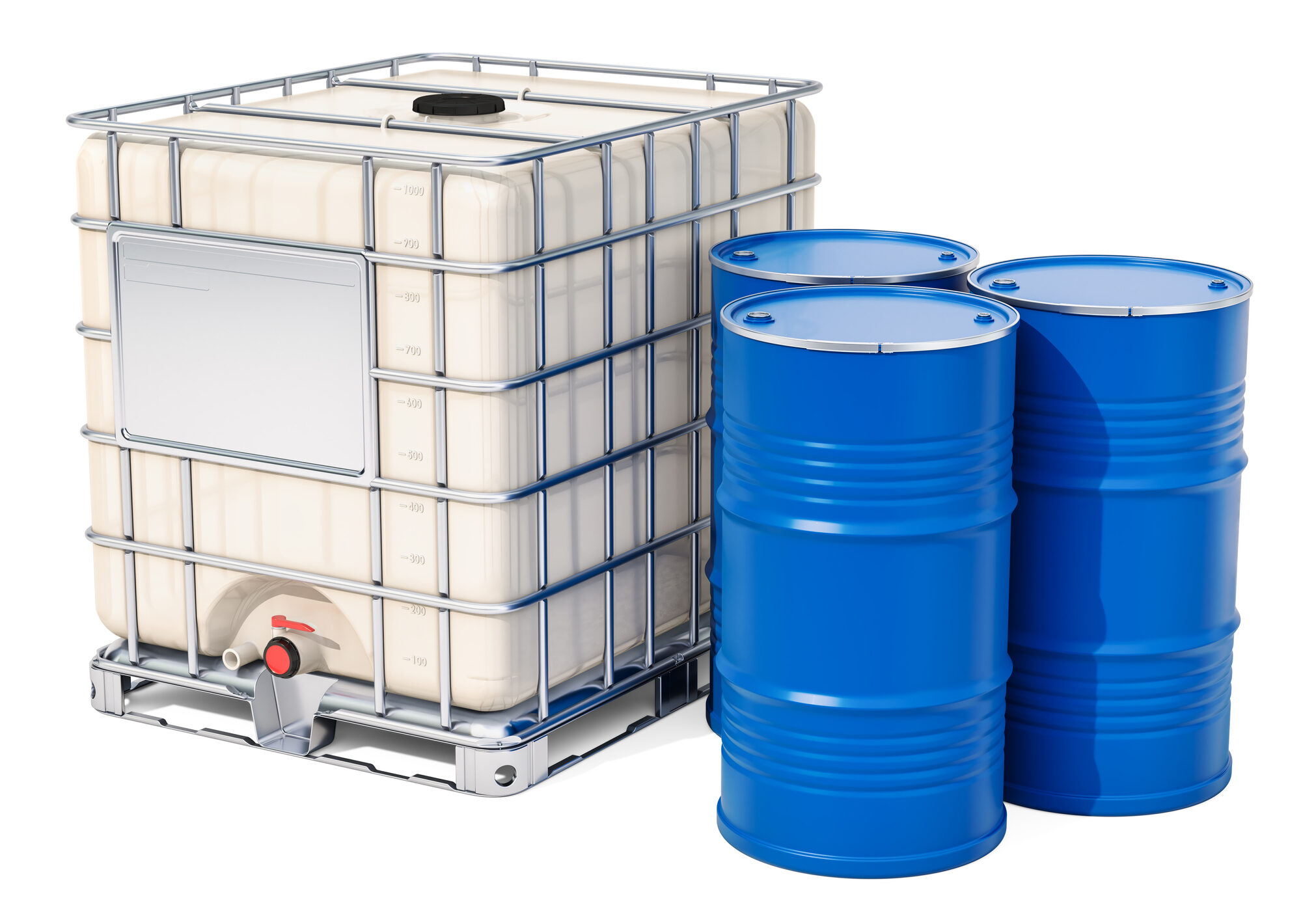 Intermediate bulk container with metallic barrels, 3D rendering isolated on white background